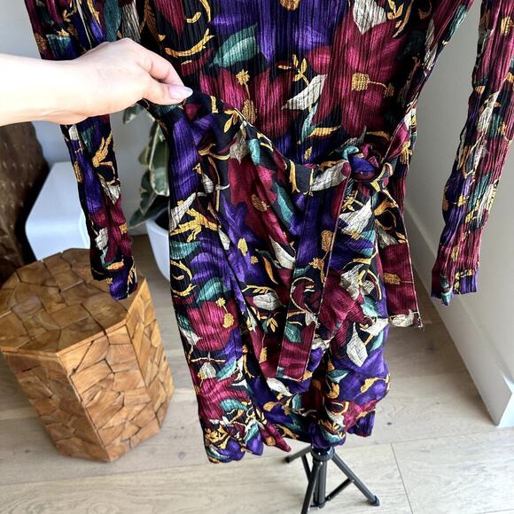 Leslie Fay Vintage Floral Long Sleeve Midi Dress S 12 Tie Waist Cottage Garden - Picture 3 of 9